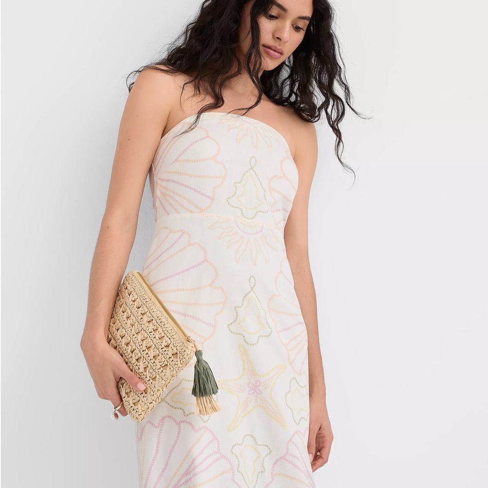 NWT LOFT Beach Seashell Linen Cotton Strapless Midi Dress